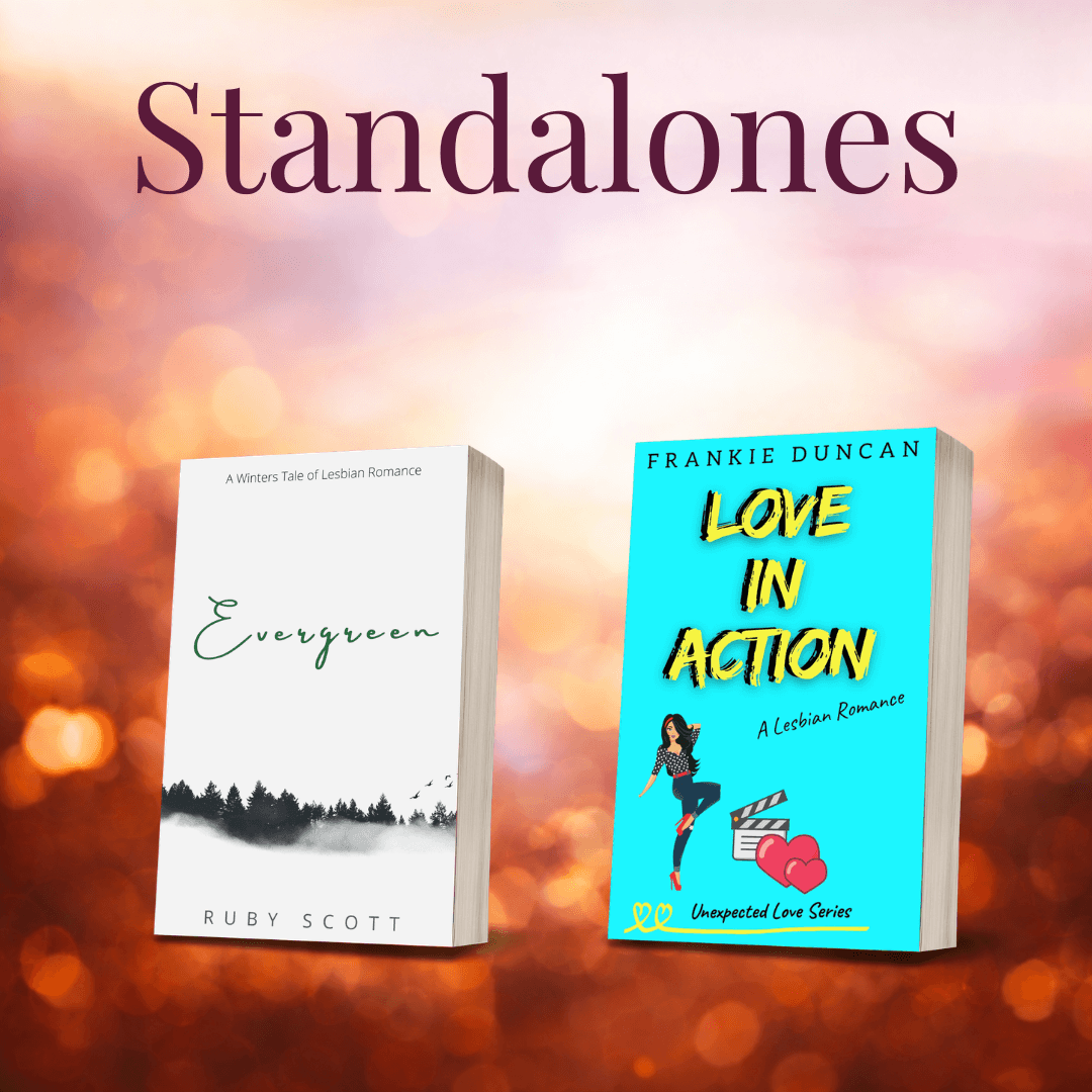 Two books titled 'Evergreen' and 'Love in Action' by Frankie Duncan on a blurred background with 'Standalones' text.