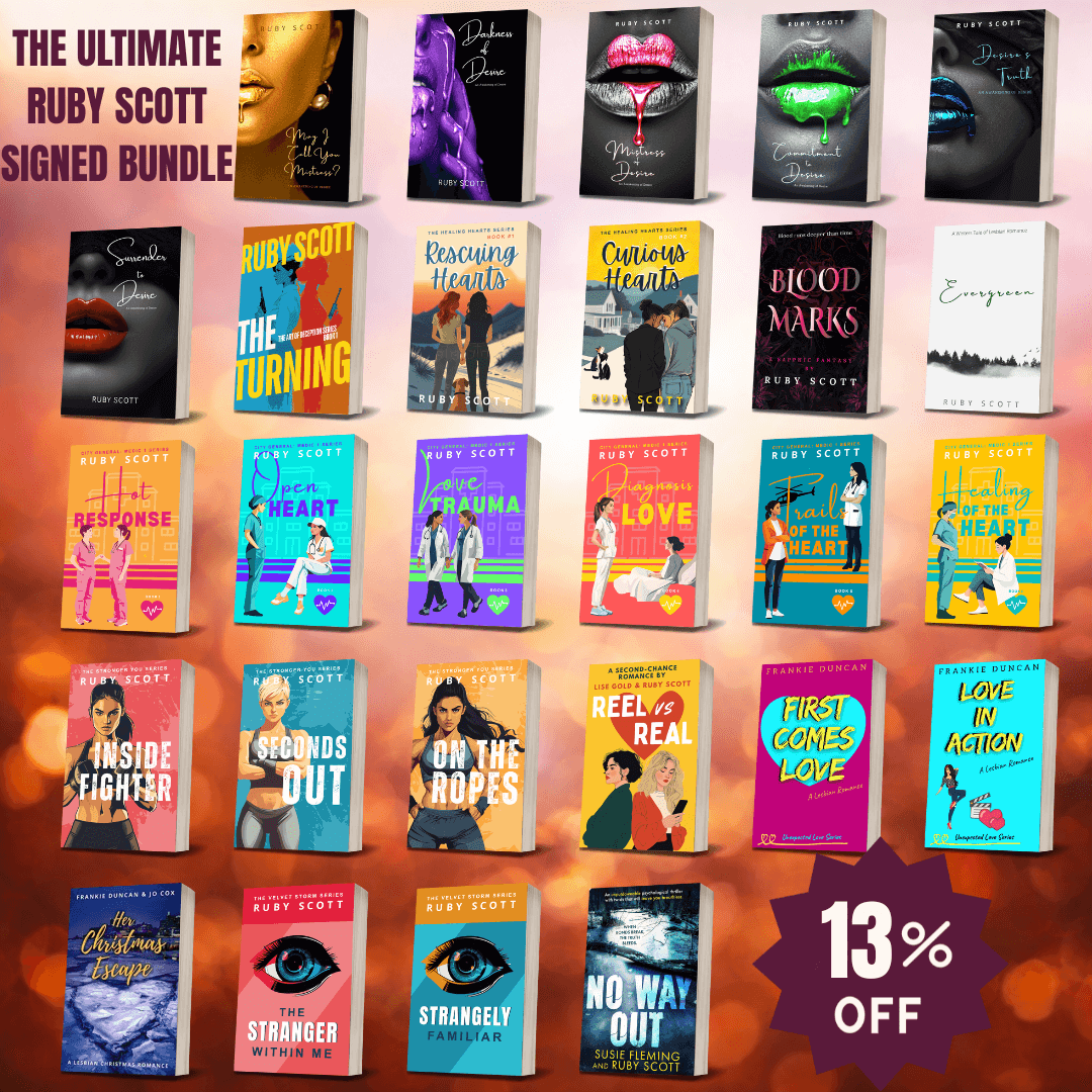 The Ultimate Ruby Scott signed bundle featuring 27 lesbian fiction books, showcasing diverse stories and vibrant covers.