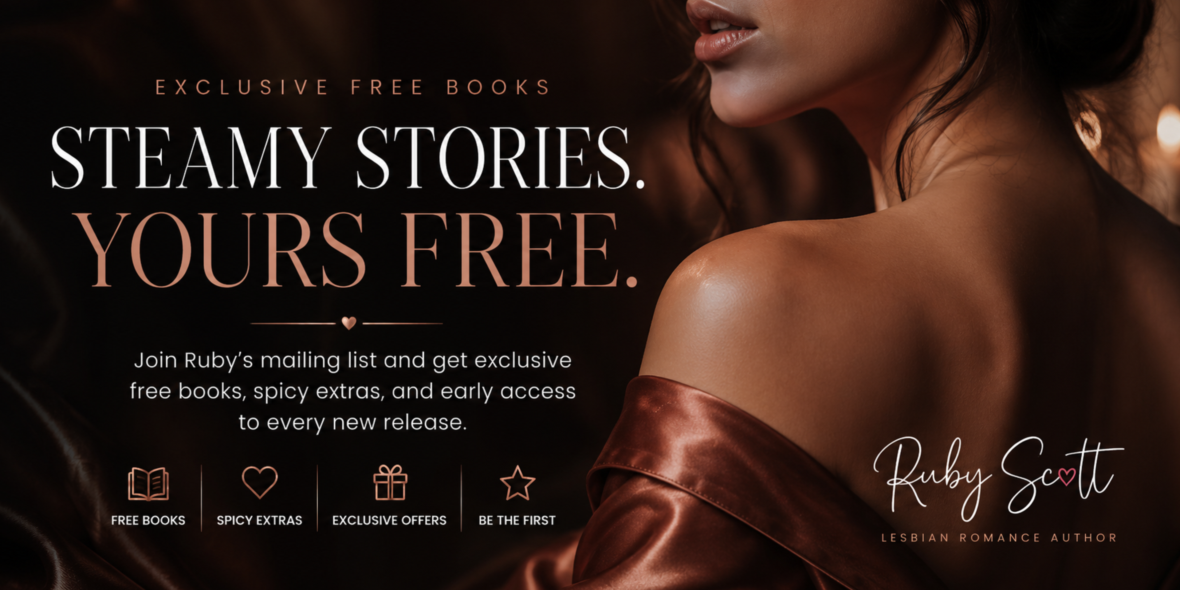 Promotional banner for Ruby Scott's 'Steamy Stories. Yours Free.