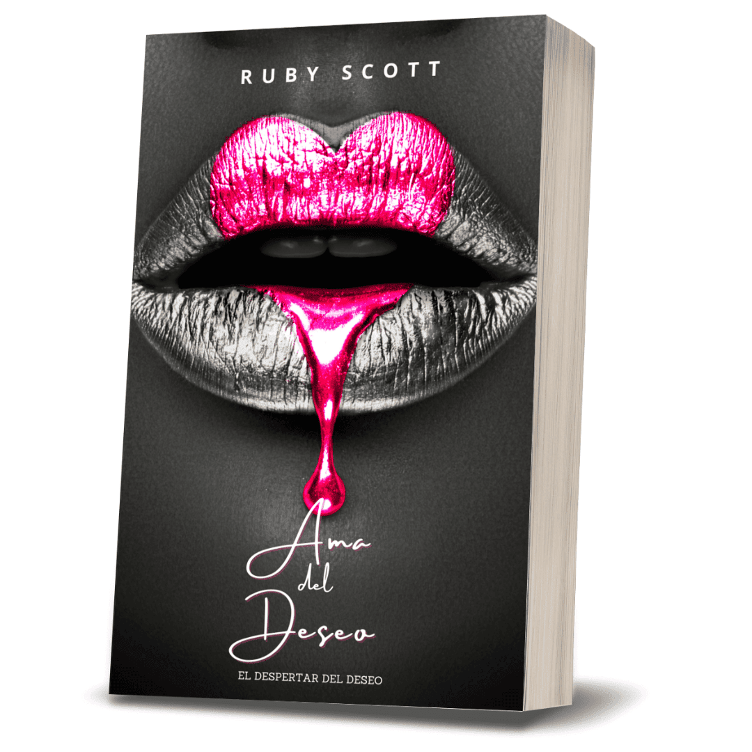 Spanish ebook cover of Ama del Deseo by lesbian romance fiction author Ruby Scott. A striking black-and-white design with glossy pink lips and dripping colour. This is the Spanish edition of Mistress of Desire, a lesbian romance book, lesbian love story, and lesbian fiction novel in the Awakening of Desire series.