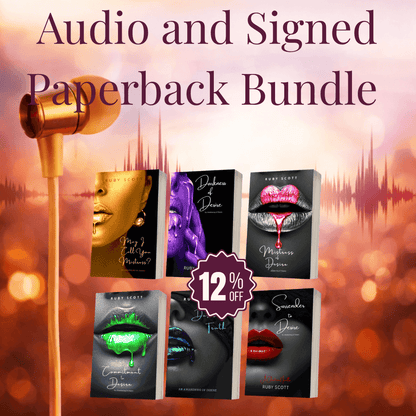 Audio and signed paperback bundle featuring the Awakening of Desire erotic lesbian romance book series, combining immersive lesbian love story audiobooks with signed lesbian fiction paperbacks by lesbian romance author Ruby Scott.