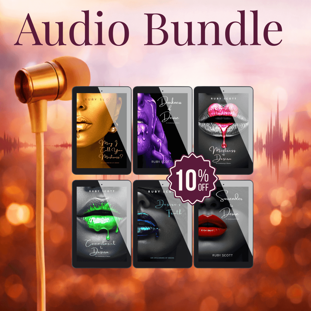 Audio bundle graphic featuring six Awakening of Desire audiobook covers by Ruby Scott displayed on digital tablets with a gold earbud and 10% off badge, showcasing a sensual lesbian romance book collection and emotionally intense lesbian love story series in lesbian fiction by lesbian romance author Ruby Scott and lesbian romance fiction author Ruby Scott.