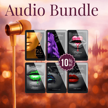 Audio bundle graphic featuring six Awakening of Desire audiobook covers by Ruby Scott displayed on digital tablets with a gold earbud and 10% off badge, showcasing a sensual lesbian romance book collection and emotionally intense lesbian love story series in lesbian fiction by lesbian romance author Ruby Scott and lesbian romance fiction author Ruby Scott.