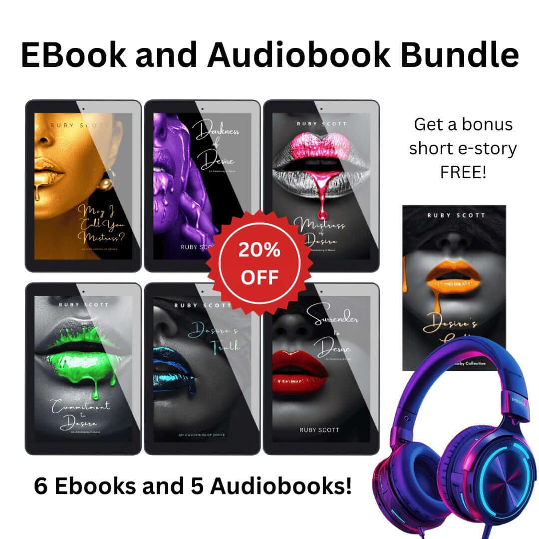 Row of six Awakening of Desire ebook covers with headphones, a 20% off badge and a bonus short e-story shown to the side, promoting a digital bundle of kinky erotic lesbian romance book favourites where each instalment is a charged lesbian love story and emotionally rich lesbian fiction by lesbian romance author Ruby Scott and lesbian romance fiction author Ruby Scott.
