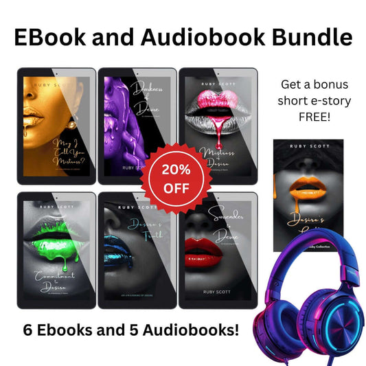 Row of six Awakening of Desire ebook covers with headphones, a 20% off badge and a bonus short e-story shown to the side, promoting a digital bundle of kinky erotic lesbian romance book favourites where each instalment is a charged lesbian love story and emotionally rich lesbian fiction by lesbian romance author Ruby Scott and lesbian romance fiction author Ruby Scott.