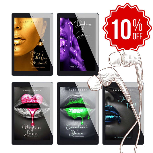 Five Awakening of Desire covers on tablets with a red 10% off badge, showcasing a kinky slow burn erotic lesbian romance book series where each title is an intense lesbian love story and character-driven lesbian fiction by lesbian romance author Ruby Scott, also known as lesbian romance fiction author Ruby Scott.