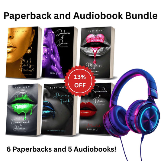 Stack of six Awakening of Desire paperbacks with bright covers beside neon headphones and a 13% off badge, advertising a mixed paperback and audio bundle of erotic lesbian romance book stories, emotionally intense lesbian love story arcs and addictive lesbian fiction by lesbian romance author Ruby Scott and lesbian romance fiction author Ruby Scott.