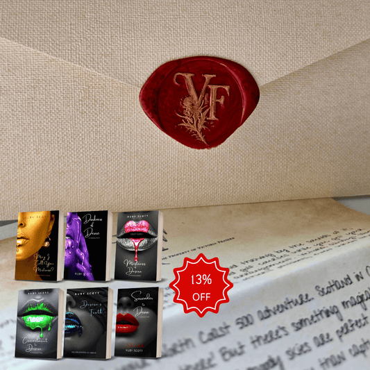 Elegant promotional image featuring a sealed parchment envelope with a red wax seal marked “VF,” symbolising the sensual world of Ruby Scott’s Awakening of Desire series. Below the envelope are six lesbian romance books by lesbian romance fiction author Ruby Scott — May I Call You Mistress?, Darkness of Desire, Mistress of Desire, Commitment to Desire, Desire’s Truth, and Surrender to Desire — shown with a red 13% off discount badge, representing emotional, slow burn lesbian love stories and passionate lesb