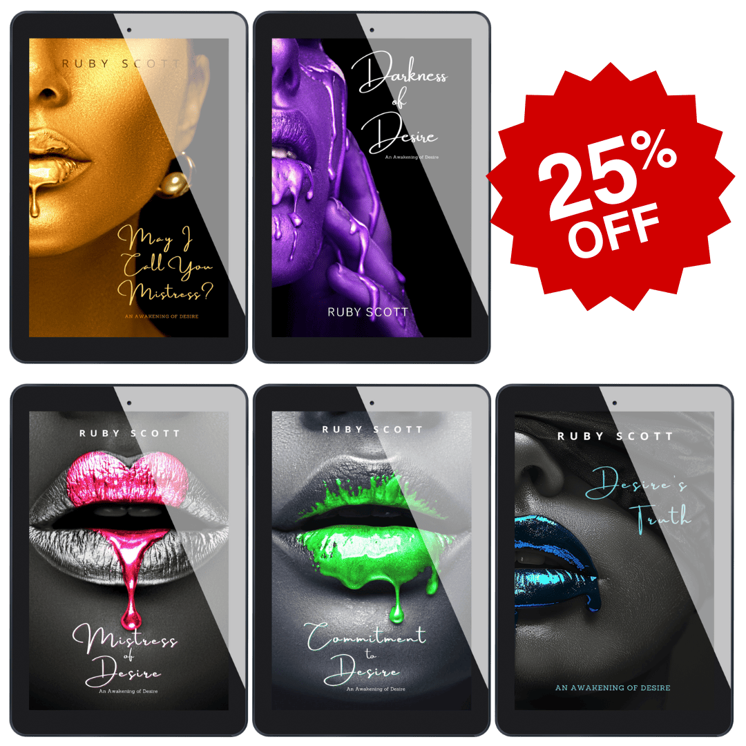 Promotional image showcasing five sapphic romance ebooks from Ruby Scott’s Awakening of Desire series with a red starburst badge reading "25% OFF." Titles include May I Call You Mistress?, Darkness of Desire, Mistress of Desire, Commitment to Desire, and Desire’s Truth. Each cover features bold, sensual close-ups of women's lips in striking metallic colours, representing themes of erotic power and intimate discovery.