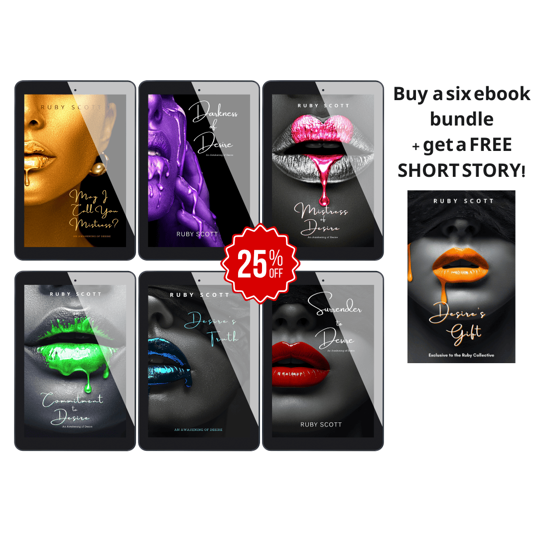 Six ebook bundle from lesbian romance author Ruby Scott with 25% off badge and free short story, featuring the Awakening of Desire series covers, a sensual BDSM-themed lesbian romance book collection, a slow burn lesbian love story set, and character-driven lesbian fiction by lesbian romance fiction author Ruby Scott.