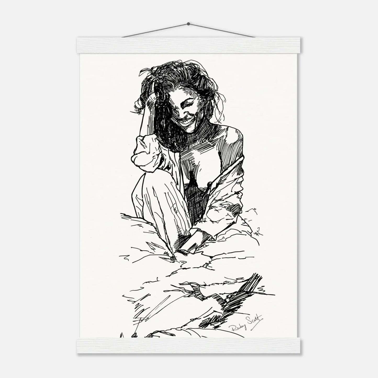Black and white sapphic art print depicting soft morning after closeness between women, minimalist ink illustration designed for modern interiors, lesbian romance book and lesbian love story inspired artwork, lesbian fiction art by lesbian romance author Ruby Scott and lesbian romance fiction author Ruby Scott.

