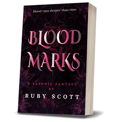 Blood Marks paperback book cover, sapphic vampire romantasy by Ruby Scott