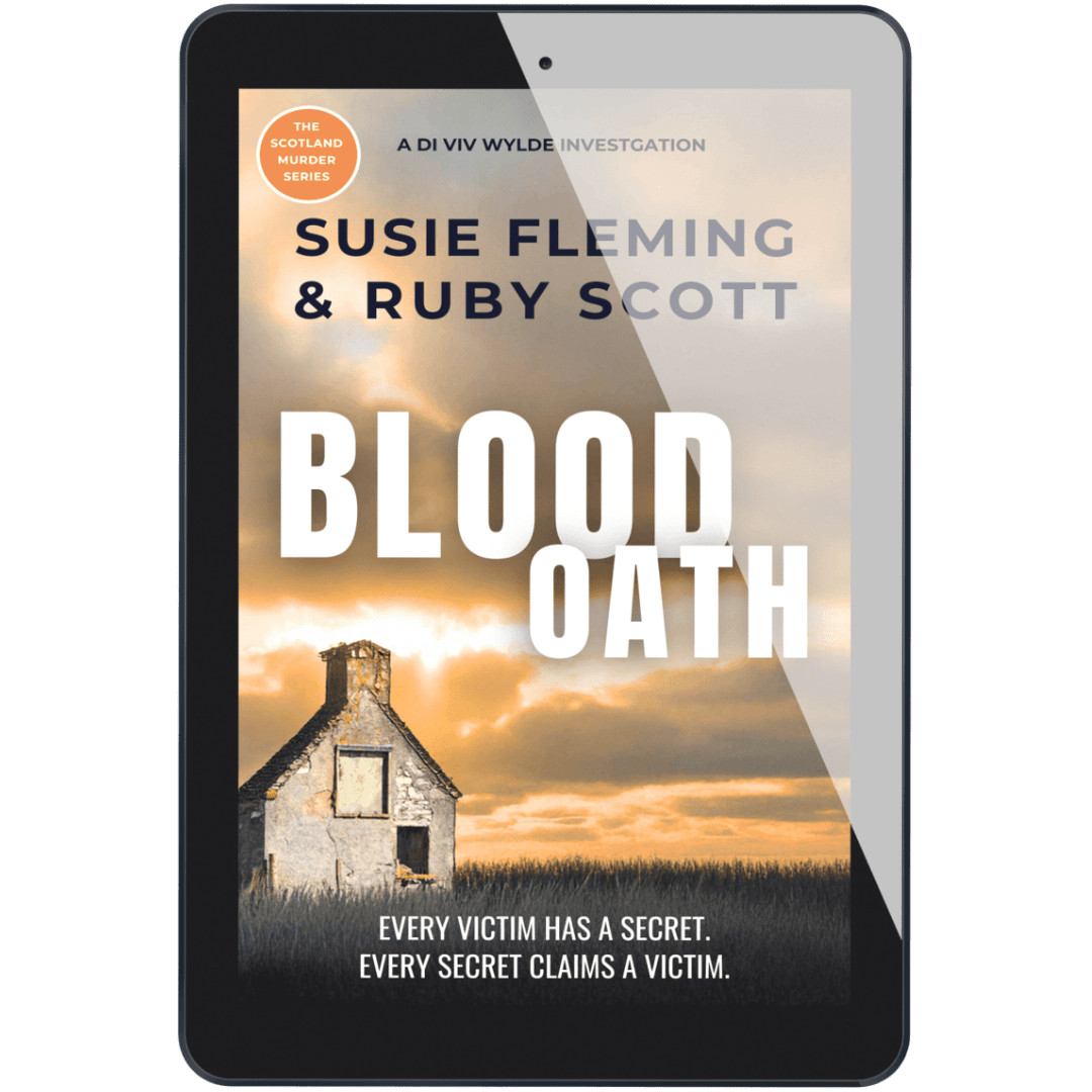 A tablet device displaying the book cover for 'Blood Oath' by Susie Fleming & Ruby Scott, with a dark screen bezel and a white background.
