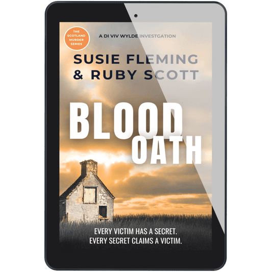 A tablet device displaying the book cover for 'Blood Oath' by Susie Fleming & Ruby Scott, with a dark screen bezel and a white background.