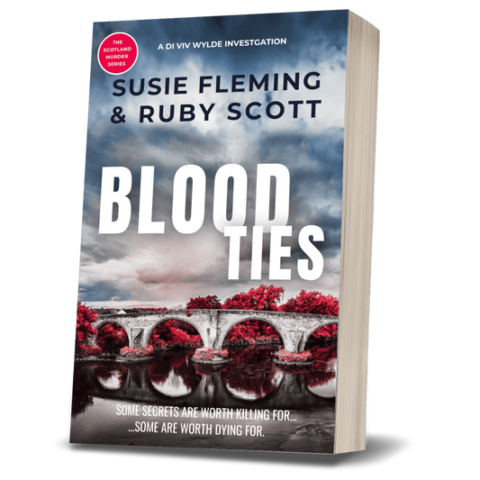 A 3D mockup of a paperback book titled 'Blood Ties' by Susie Fleming & Ruby Scott, showing the front cover and the beige page edges of the book against a white background.