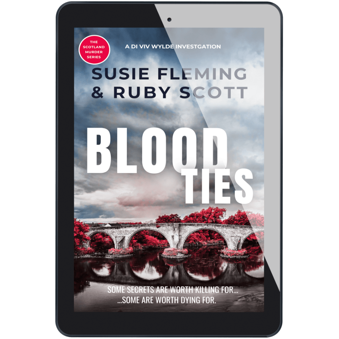 A tablet device displaying the book cover for 'Blood Ties' by Susie Fleming & Ruby Scott, with a Scotland Summer Series badge on the screen, shown against a plain white background.