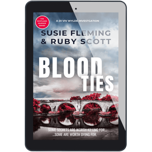 A tablet device displaying the book cover for 'Blood Ties' by Susie Fleming & Ruby Scott, with a Scotland Summer Series badge on the screen, shown against a plain white background.