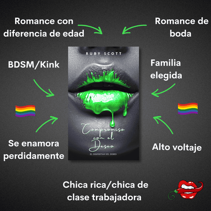 Spanish graphic for Compromiso con el Deseo by lesbian romance fiction author Ruby Scott. The book cover shows glossy green lips with dripping paint, surrounded by tropes: romance con diferencia de edad, romance de boda, familia elegida, alto voltaje, BDSM/Kink, se enamora perdidamente, chica rica/chica de clase trabajadora. A spicy lesbian romance book, lesbian love story, and lesbian fiction novel filled with age-gap tension, BDSM exploration, and sapphic passion.