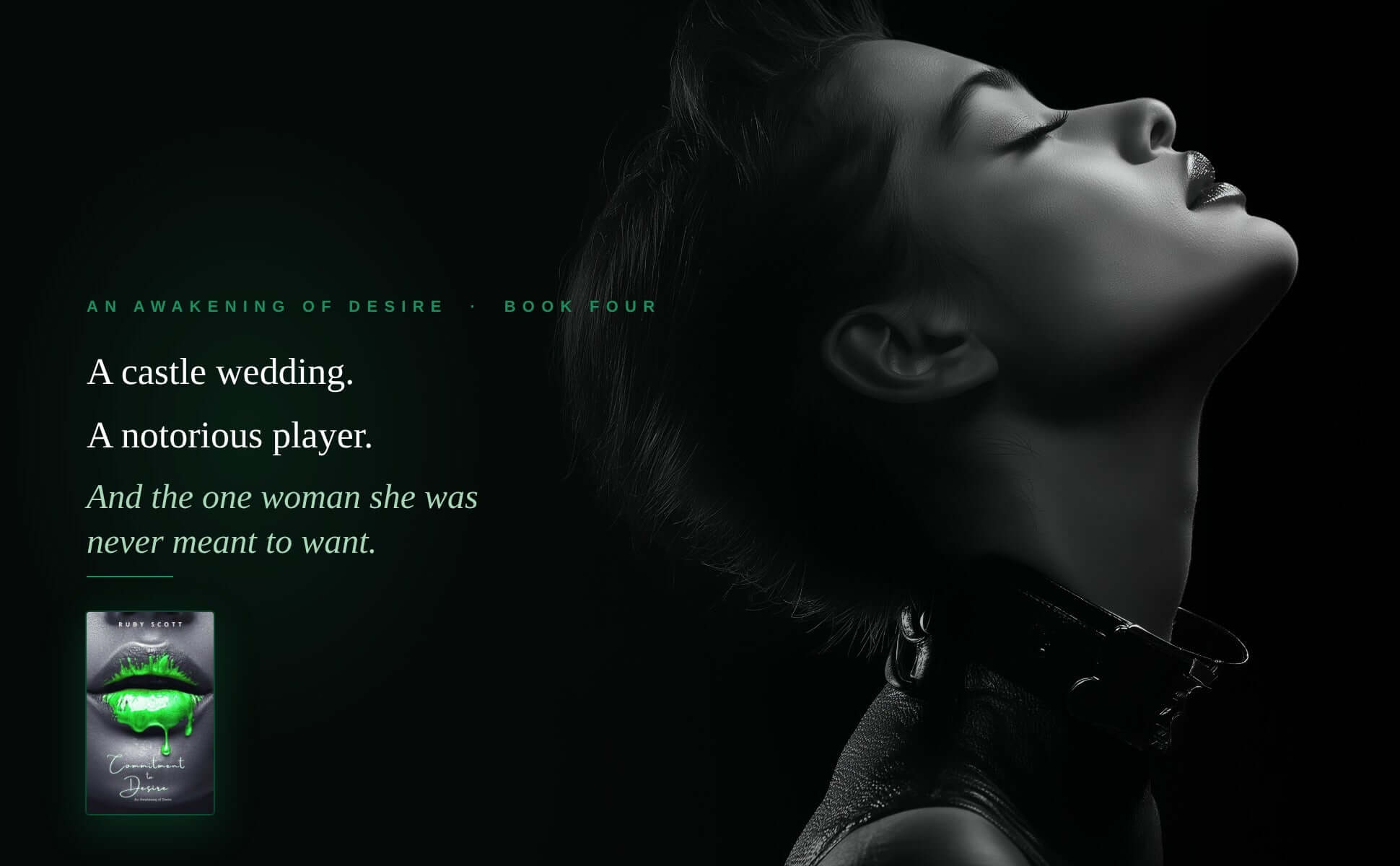 Promotional image with a woman's face and text about a book titled 'An Awakening of Desire'.
