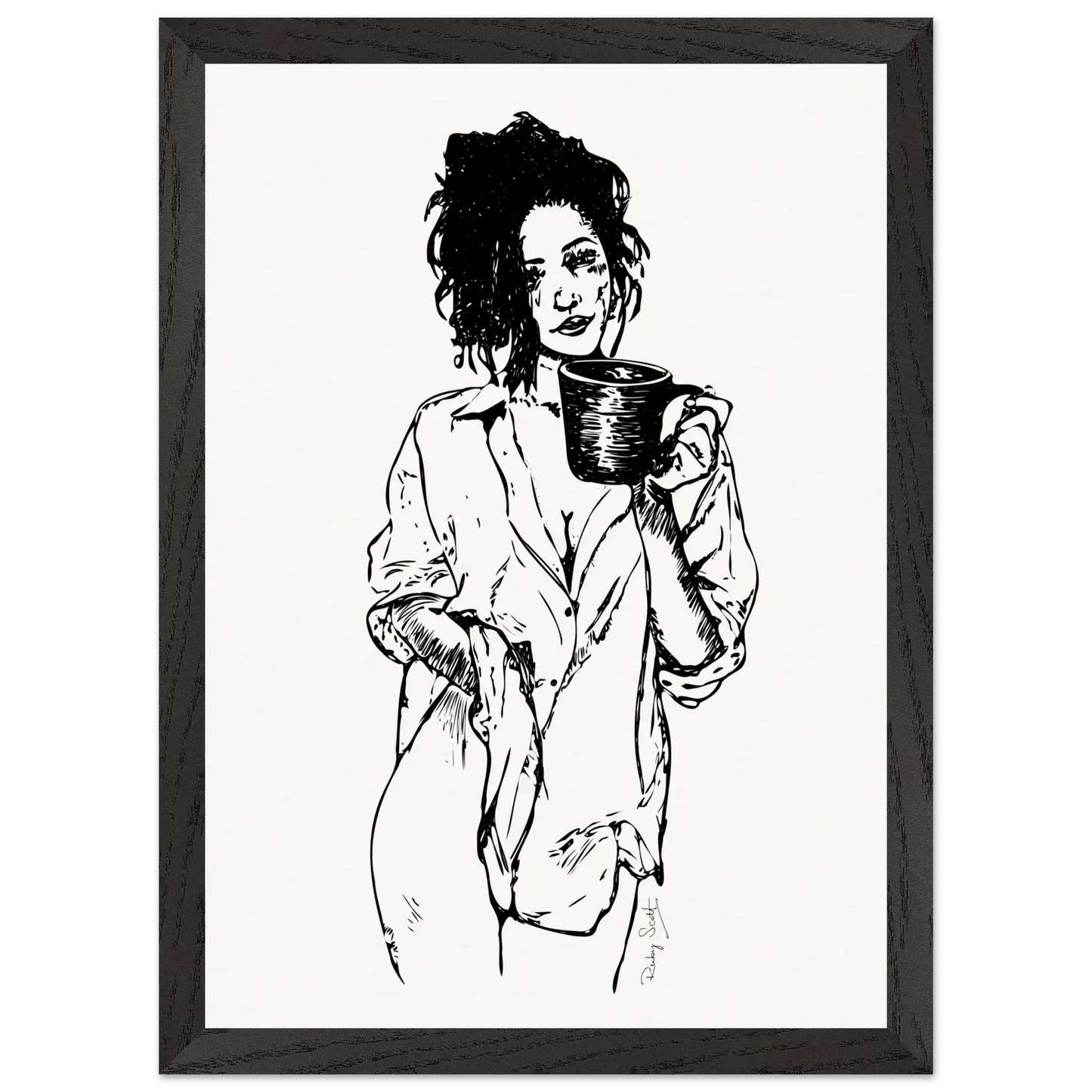 Black and white framed delicious ache sapphic art print depicting gentle sapphic desire expressed through minimalist line art, framed fine art wall display celebrating lesbian intimacy, lesbian romance book and lesbian love story inspired artwork, lesbian fiction art by lesbian romance author Ruby Scott and lesbian romance fiction author Ruby Scott.
