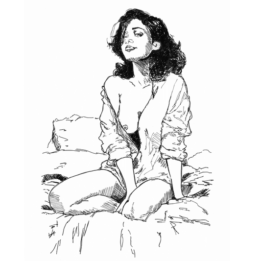 Black and white sapphic art print of a sensual woman seated on a bed with a relaxed, confident pose, evoking desire and intimacy in a lesbian romance book, lesbian love story, lesbian fiction by lesbian romance author Ruby Scott and lesbian romance fiction author Ruby Scott.