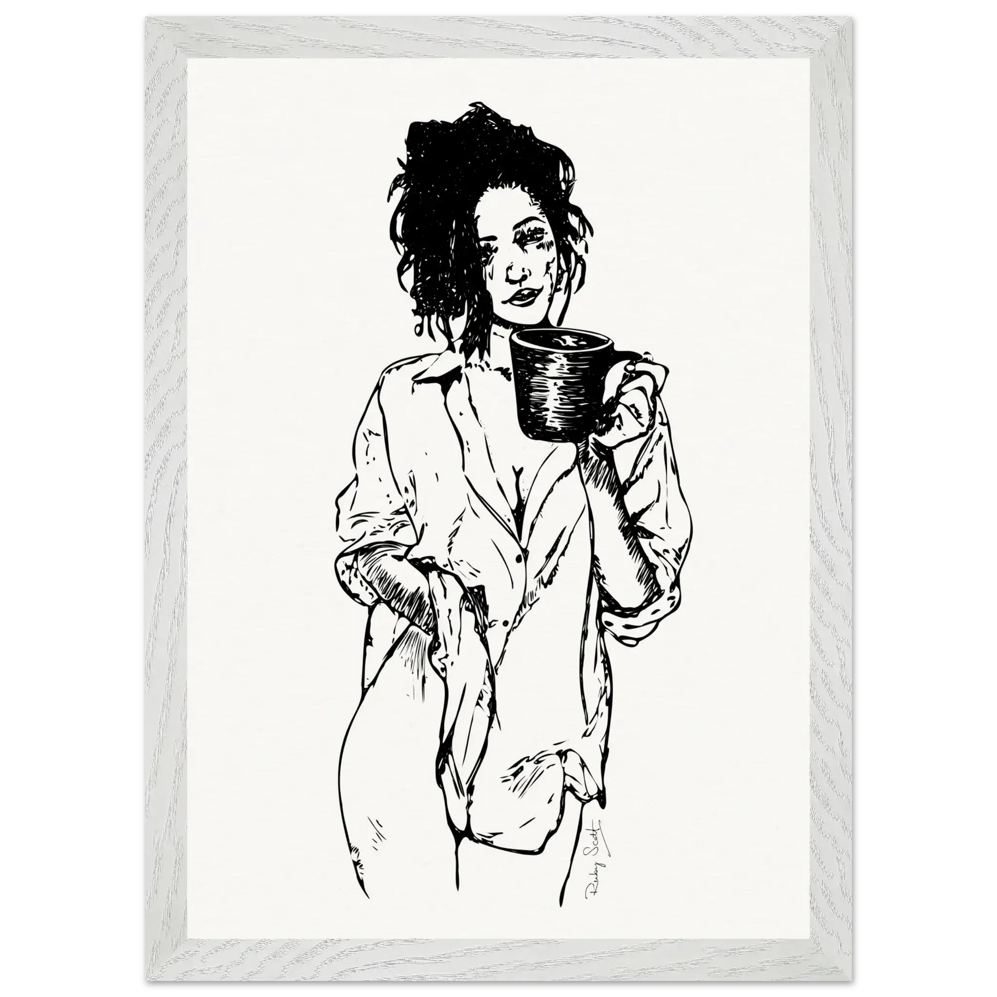 Black and white delicious ache sapphic art print depicting intimate lesbian connection captured in expressive ink line work, minimalist sensual illustration focused on closeness and vulnerability, lesbian romance book and lesbian love story inspired artwork, lesbian fiction art by lesbian romance author Ruby Scott and lesbian romance fiction author Ruby Scott.
