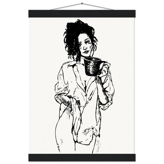 Black and white sapphic art print depicting soft morning after closeness between women, minimalist ink illustration designed for modern interiors, lesbian romance book and lesbian love story inspired artwork, lesbian fiction art by lesbian romance author Ruby Scott and lesbian romance fiction author Ruby Scott.
