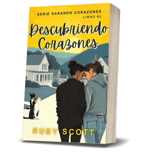 Cover of 'Descubriendo corazones' showcasing a slow burn romance lésbico, featuring two women and a Victorian house.