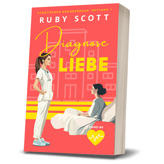 3D paperback mockup of Diagnose Liebe by Ruby Scott, a lesbian romance book and lesbian love story depicting a doctor and patient connection in a hospital room, part of a lesbian fiction medical romance series by lesbian romance author Ruby Scott and lesbian romance fiction author Ruby Scott. Lesbischer Arztroman 