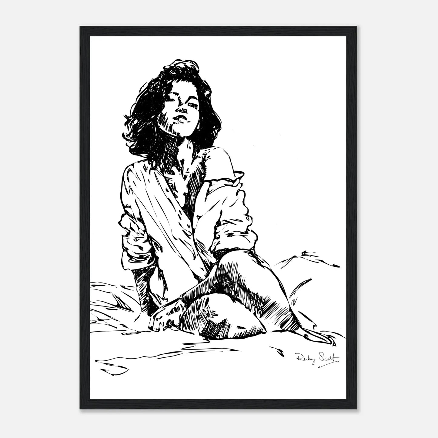 Black and white sapphic art print depicting intimate lesbian connection and soft sensuality, minimalist ink illustration celebrating tenderness and emotional closeness, lesbian romance book and lesbian love story inspired artwork, lesbian fiction art by lesbian romance author Ruby Scott and lesbian romance fiction author Ruby Scott. Don't make me wait print