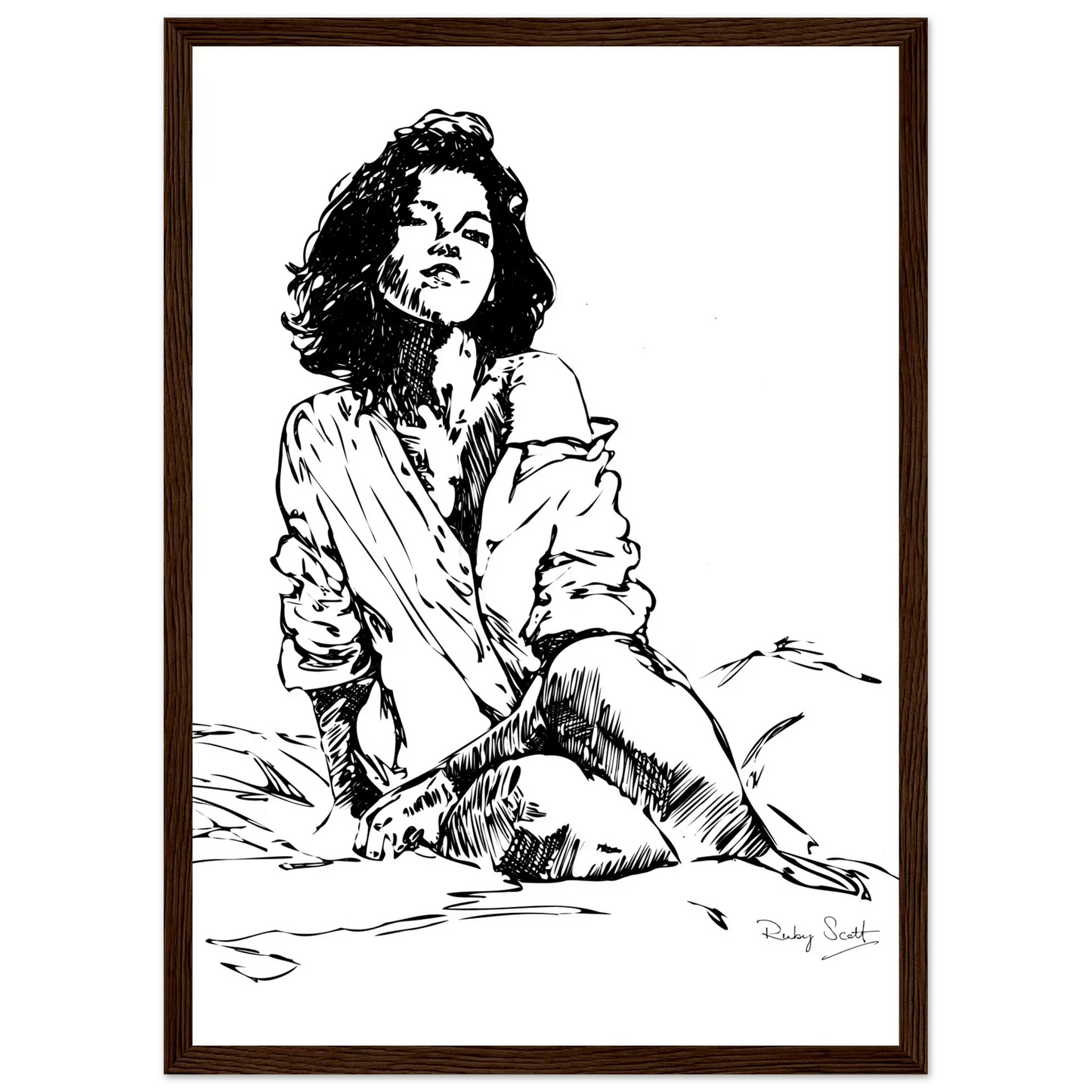 Black and white sapphic art print don't make me wait brown framed depicting intimate lesbian connection and soft sensuality, minimalist ink illustration celebrating tenderness and emotional closeness, lesbian romance book and lesbian love story inspired artwork, lesbian fiction art by lesbian romance author Ruby Scott and lesbian romance fiction author Ruby Scott.
