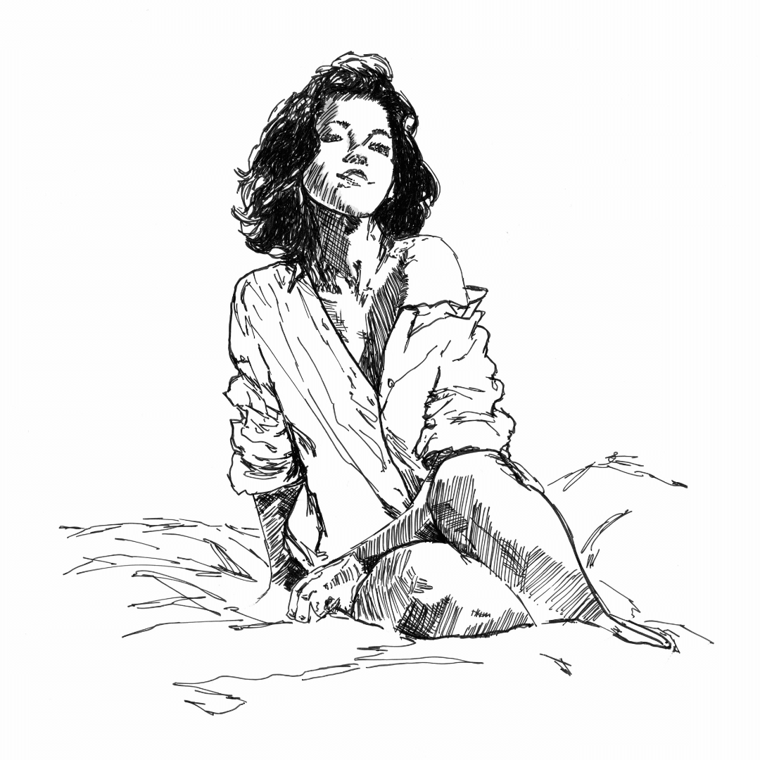 Minimalist black and white sapphic art print of a woman leaning back on a bed with a poised, expectant expression, capturing longing and control in a lesbian romance book, lesbian love story, lesbian fiction by lesbian romance author Ruby Scott and lesbian romance fiction author Ruby Scott.