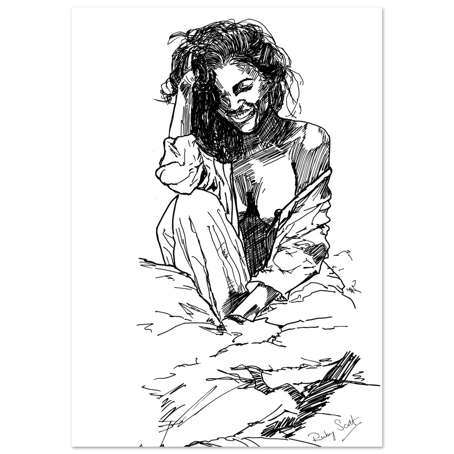 Black and white sapphic art print depicting intimate lesbian connection and soft sensuality, minimalist ink illustration celebrating tenderness and emotional closeness, lesbian romance book and lesbian love story inspired sapphic fine art, lesbian fiction art by lesbian romance author Ruby Scott and lesbian romance fiction author Ruby Scott.