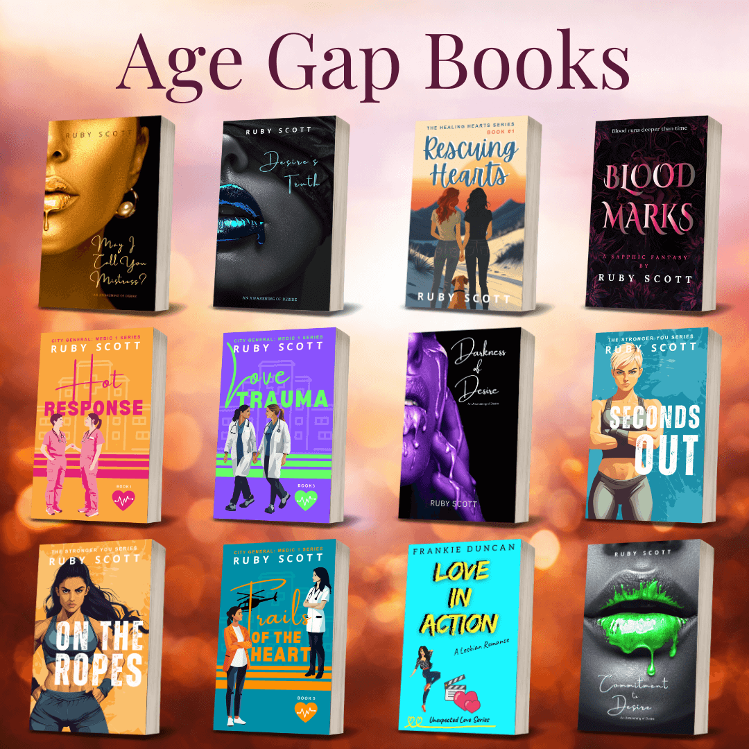 Erotic lesbian romance age gap books collection banner image featuring sapphic romance stories with age difference themes, representing a lesbian romance book, lesbian love story, and lesbian fiction by slow burn lesbian romance author Ruby Scott and lesbian romance fiction author Ruby Scott.