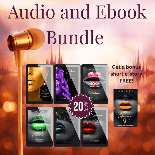 Erotic lesbian romance audio and ebook bundle collection banner image featuring multiple ebook and audiobook covers with a bonus short story offer, representing a lesbian romance book, lesbian love story, and lesbian fiction by lesbian romance author Ruby Scott and lesbian romance fiction author Ruby Scott.