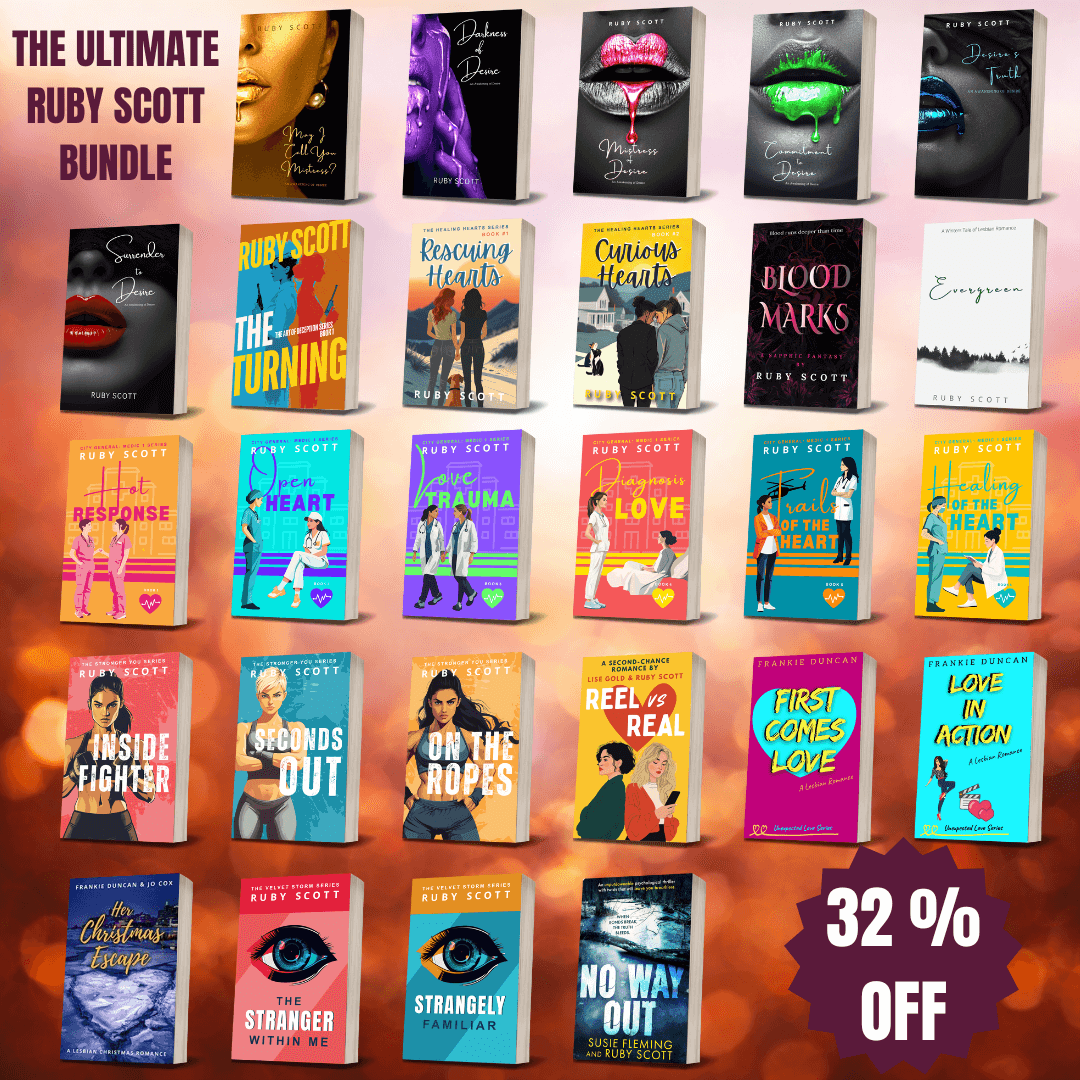 Erotic lesbian romance ebooks collection banner image featuring all digital ebook covers, representing a lesbian romance book, lesbian love story, and lesbian fiction by lesbian romance author Ruby Scott and lesbian romance fiction author Ruby Scott.