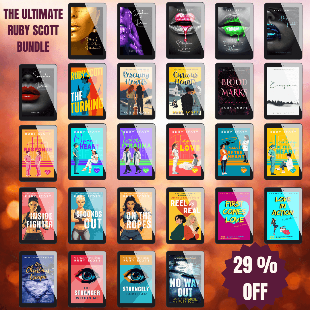 Erotic lesbian romance ultimate paperbacks collection banner image featuring multiple physical book covers, representing a lesbian romance book, lesbian love story, and lesbian fiction by slow burn lesbian romance author Ruby Scott and lesbian romance fiction author Ruby Scott.