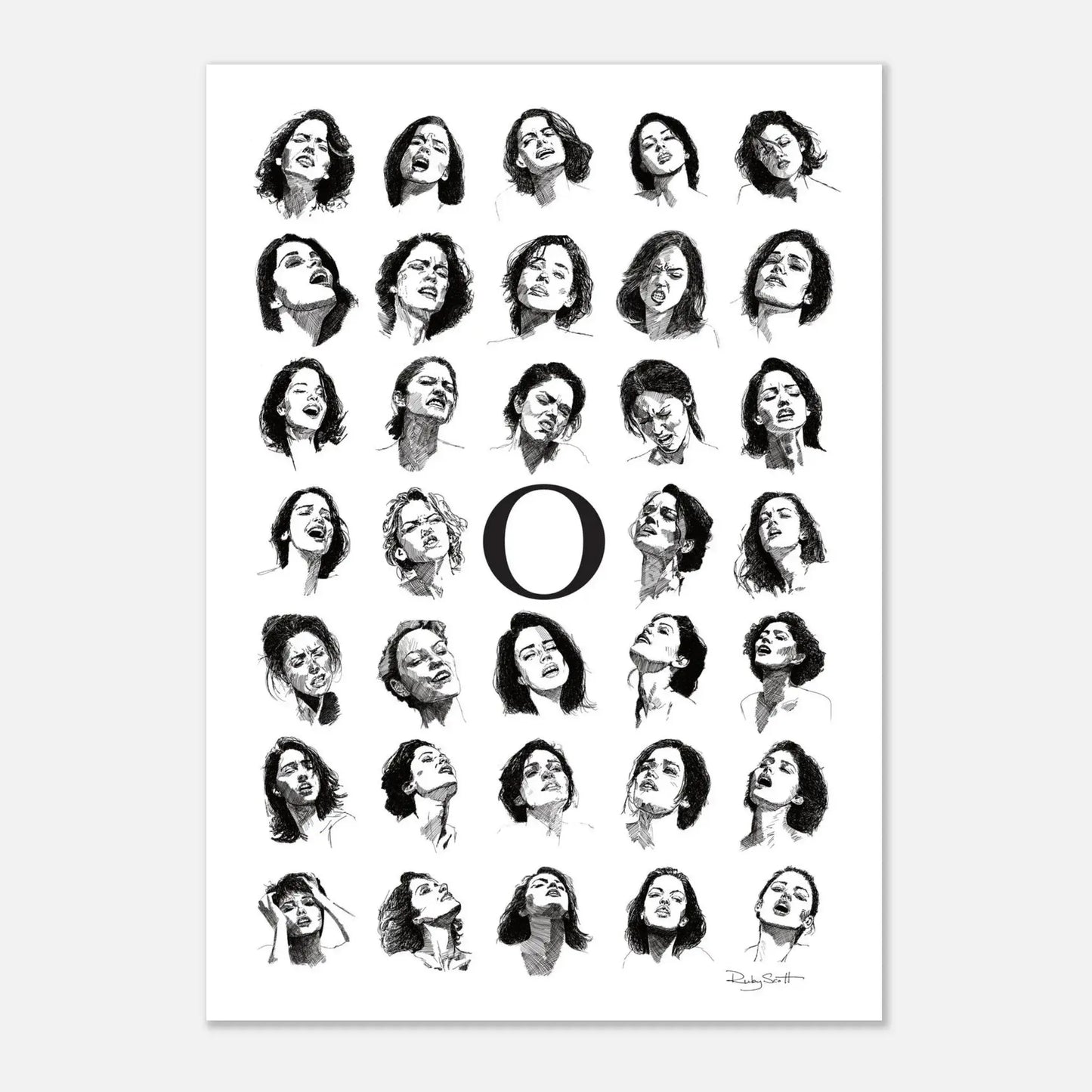 Erotic line art print in black and white showing a grid of expressive illustrated faces with a large letter O in the centre.