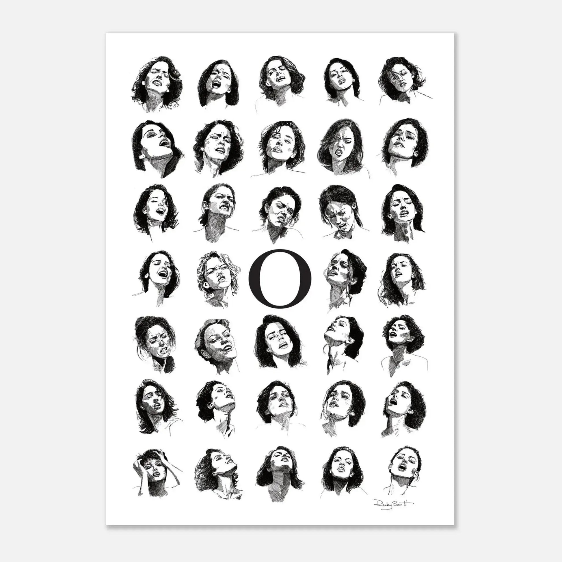 Erotic line art print in black and white showing a grid of expressive illustrated faces with a large letter O in the centre.