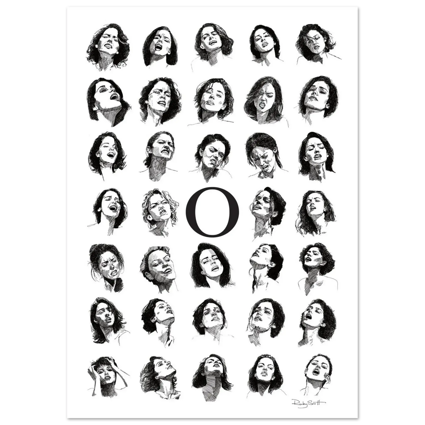 Framed black and white erotic line art print showing a grid of expressive illustrated faces with a large letter O in the centre.