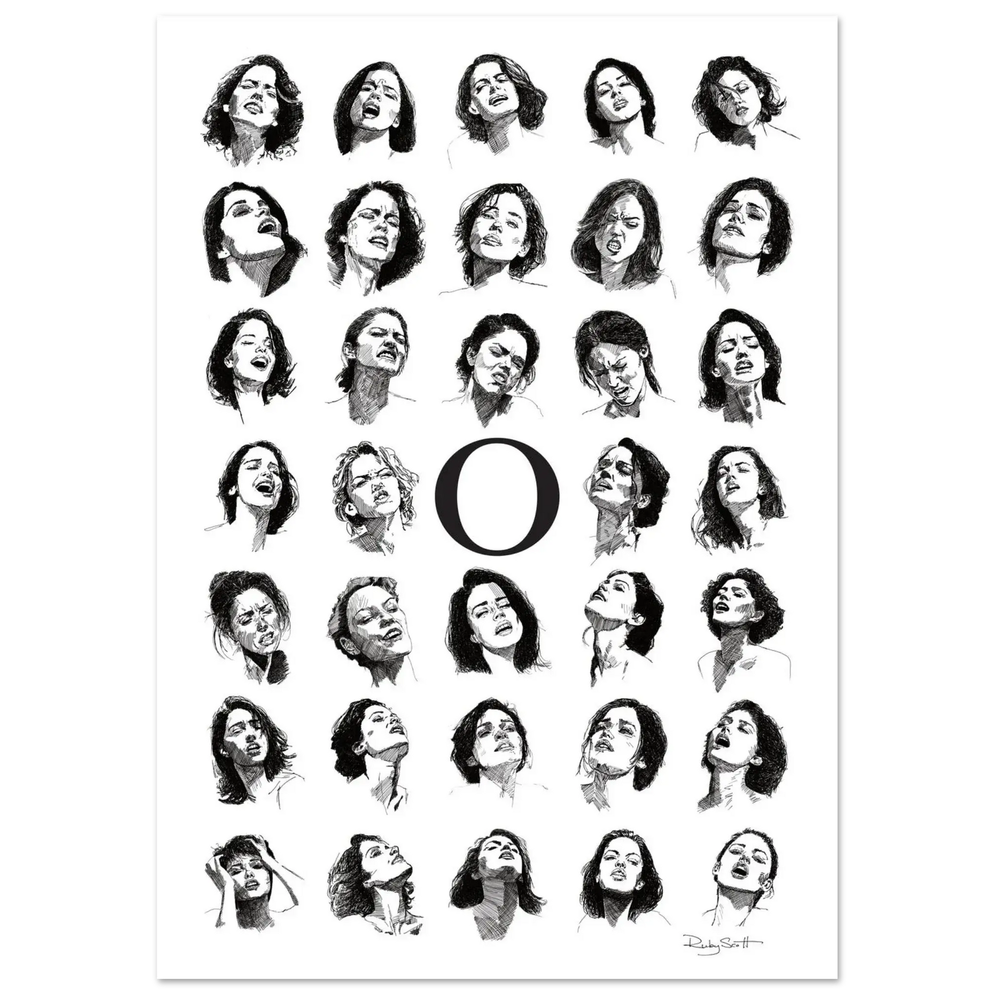 Framed black and white erotic line art print showing a grid of expressive illustrated faces with a large letter O in the centre.