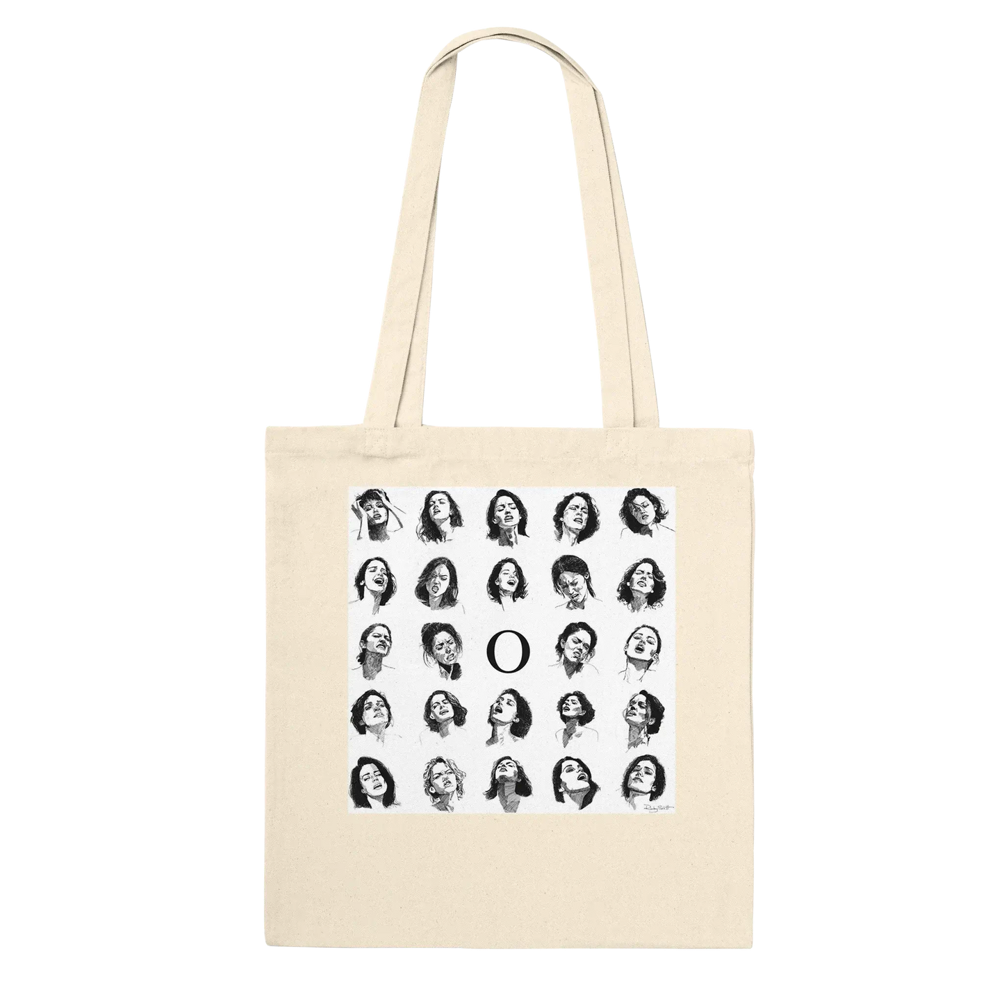 Canvas tote bag featuring erotic line art illustrations of women’s faces in expressive, sensual poses, minimalist black and white adult art design