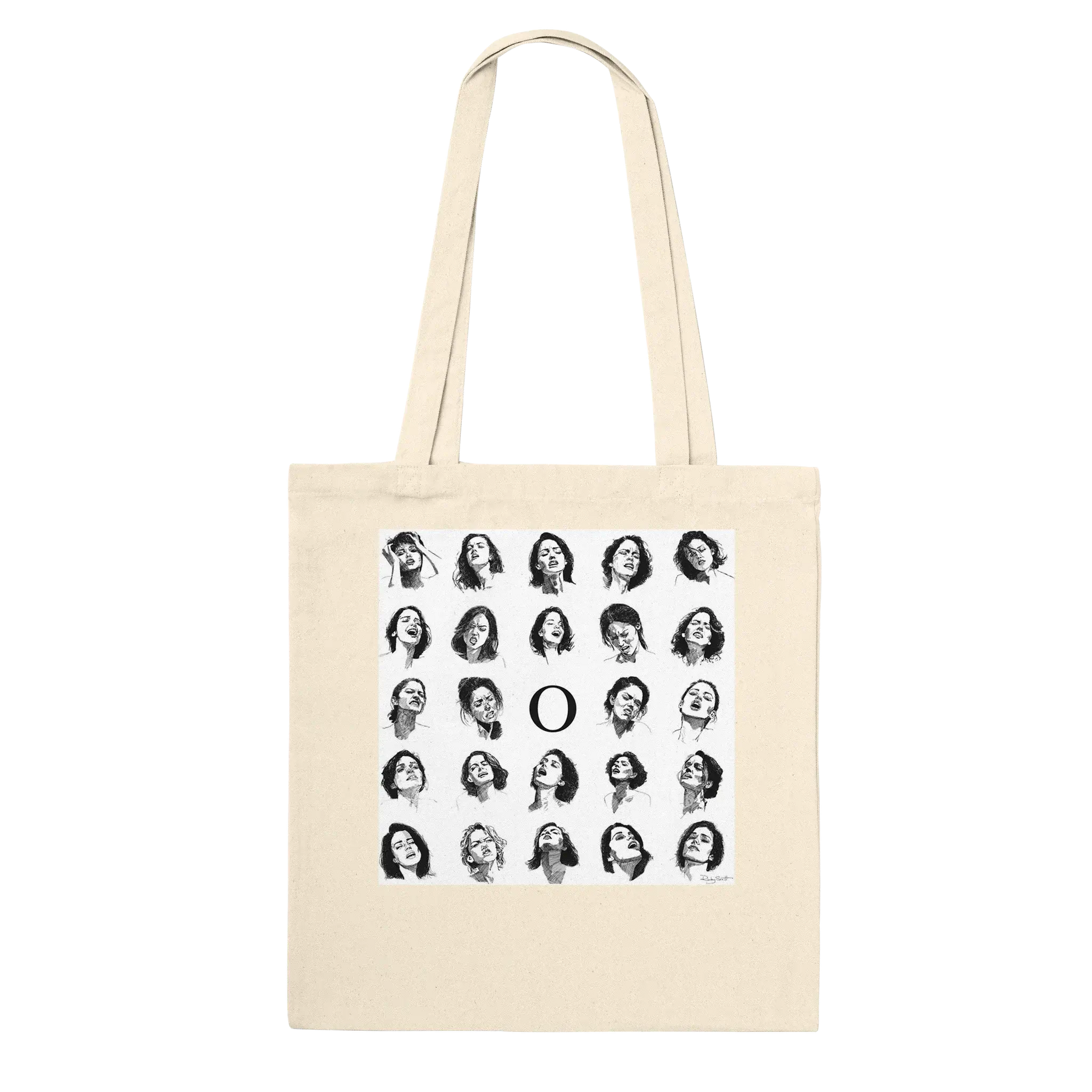 Canvas tote bag featuring erotic line art illustrations of women’s faces in expressive, sensual poses, minimalist black and white adult art design