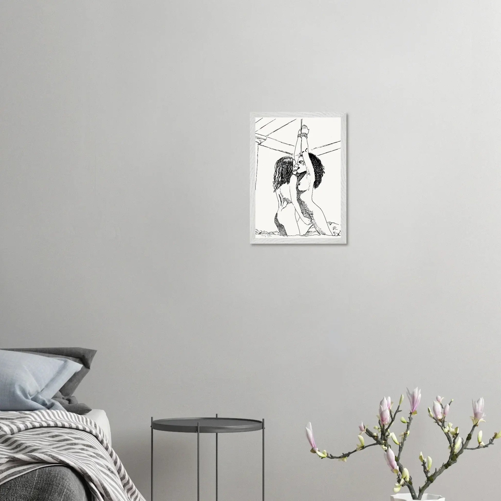 Black and white erotic sapphic art print depicting intimate lesbian connection and soft sensuality, minimalist ink illustration celebrating tenderness and emotional closeness, lesbian romance book and lesbian love story inspired artwork, lesbian fiction art by lesbian romance author Ruby Scott and lesbian romance fiction author Ruby Scott.
