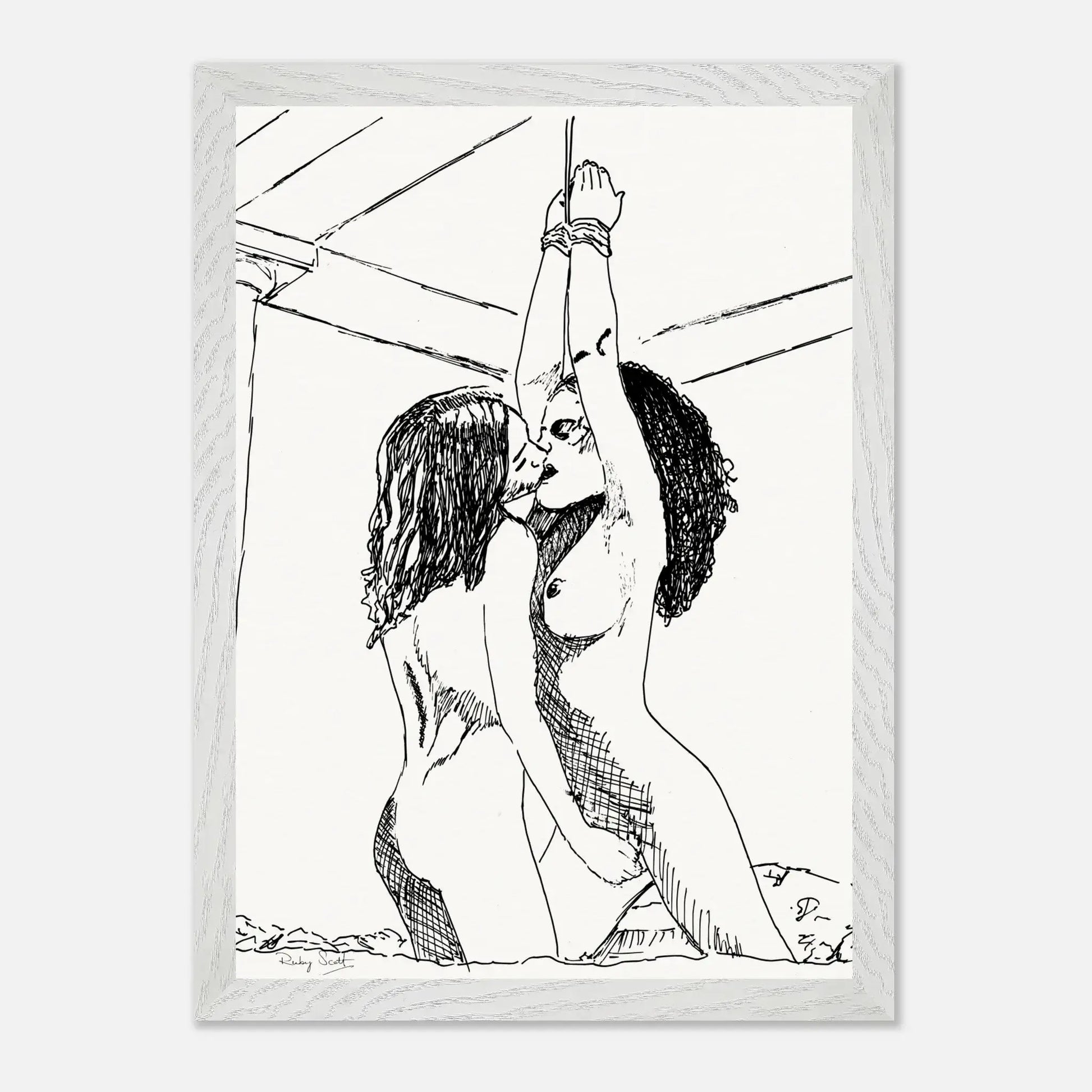 Black and white erotic sapphic art print depicting intimate lesbian connection and soft sensuality, minimalist ink illustration celebrating tenderness and emotional closeness, lesbian romance book and lesbian love story inspired artwork, lesbian fiction art by lesbian romance author Ruby Scott and lesbian romance fiction author Ruby Scott.
