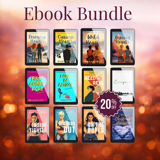 Lesbian romance book bundle by Ruby Scott featuring multiple series including Healing Hearts, City General and slow burn lesbian love story titles, 20 percent off