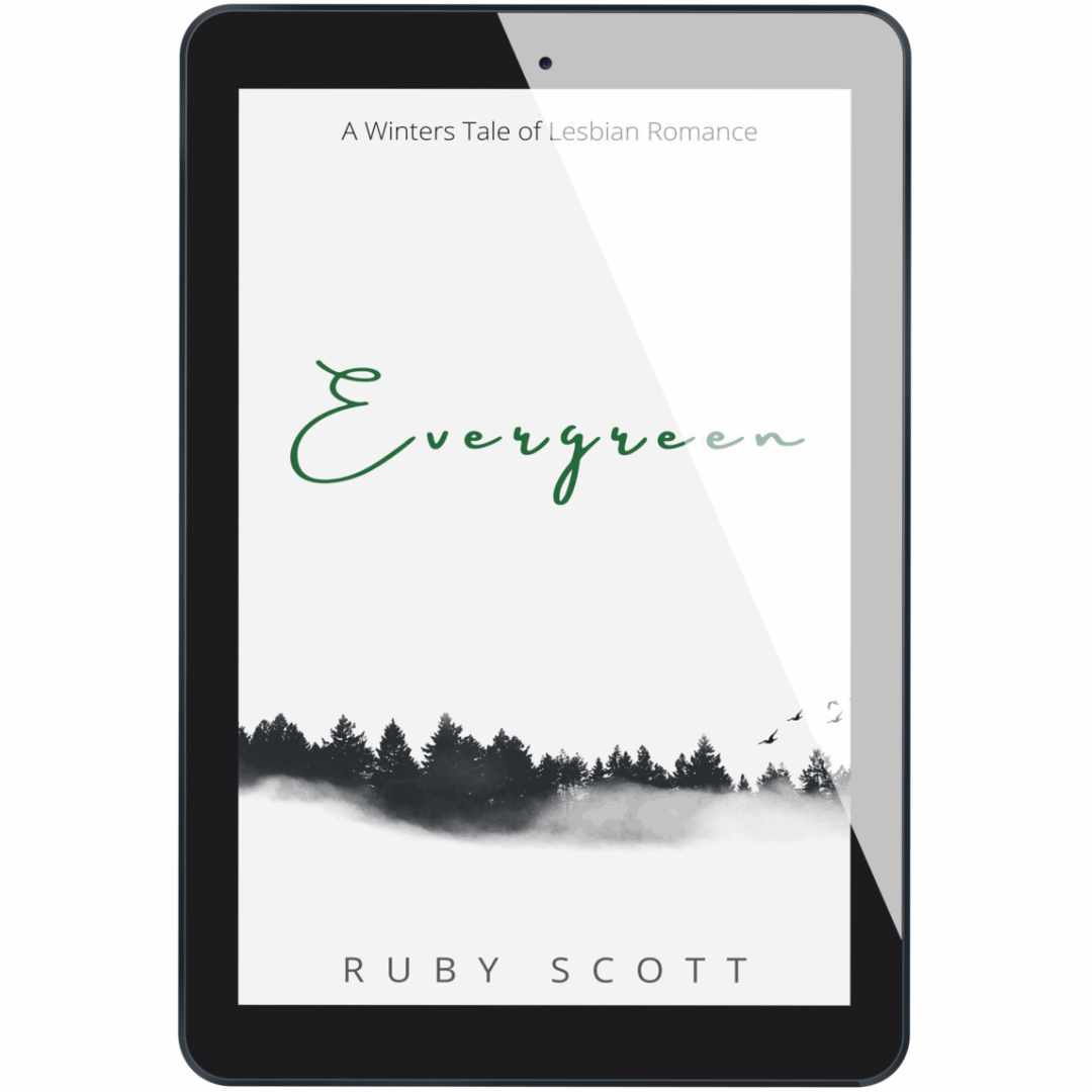 Evergreen by lesbian romance author Ruby Scott – a heartfelt lesbian romance fiction ebook set in winter, featuring a tender lesbian love story and misty evergreen trees on the cover. Perfect for readers of lesbian romance novels.