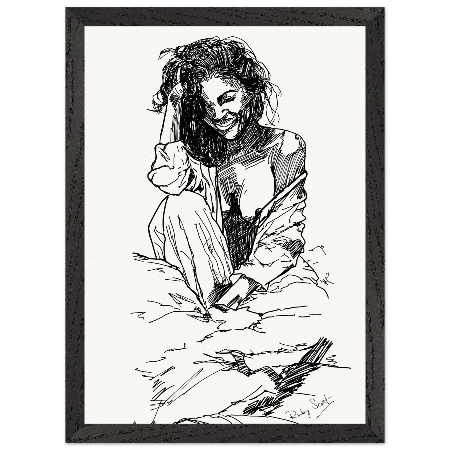 Black and white sapphic art print making me blush depicting intimate lesbian connection and soft sensuality, minimalist ink illustration celebrating tenderness and emotional closeness, lesbian romance book and lesbian love story inspired artwork, lesbian fiction art by lesbian romance author Ruby Scott and lesbian romance fiction author Ruby Scott.