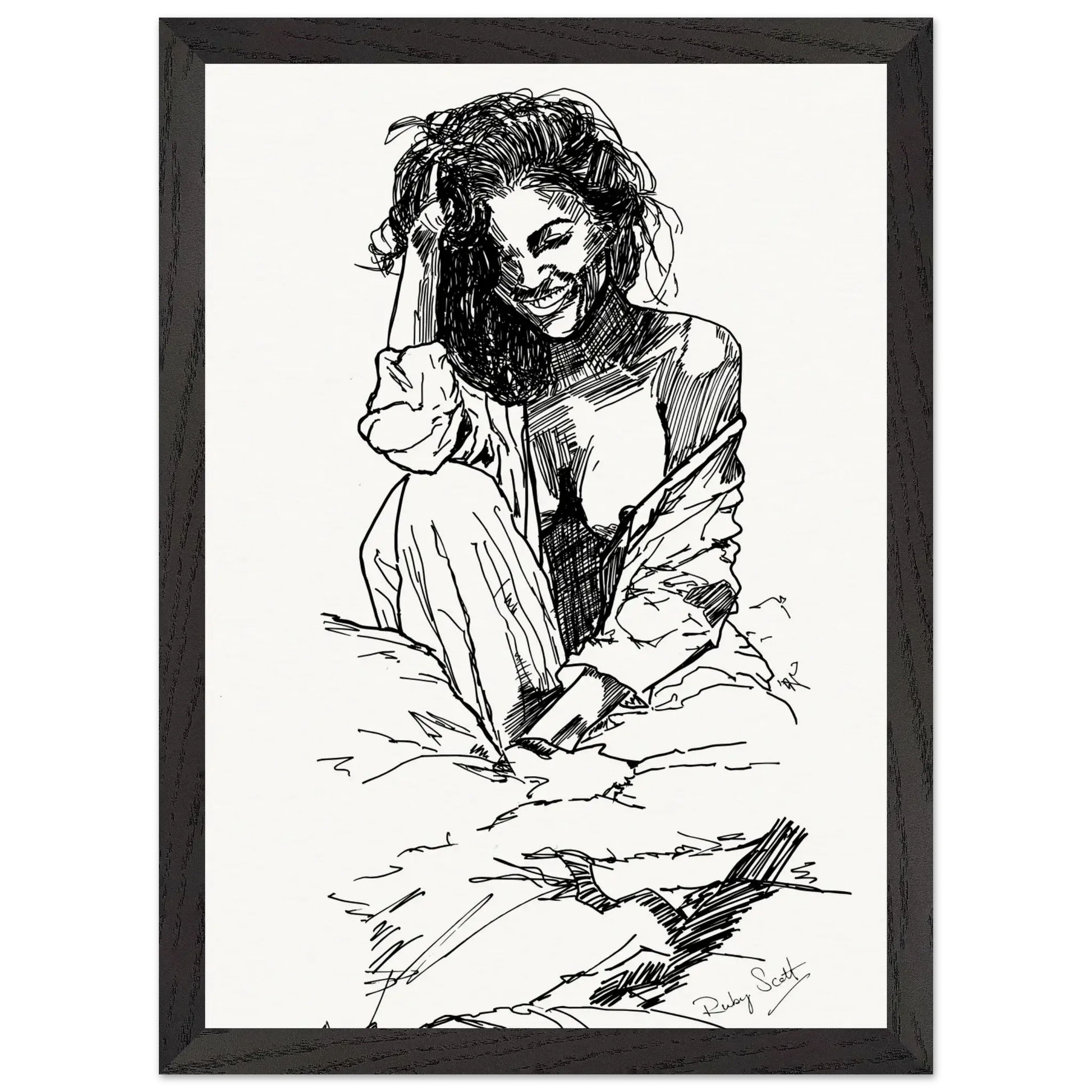 Black and white sapphic art print making me blush depicting intimate lesbian connection and soft sensuality, minimalist ink illustration celebrating tenderness and emotional closeness, lesbian romance book and lesbian love story inspired artwork, lesbian fiction art by lesbian romance author Ruby Scott and lesbian romance fiction author Ruby Scott.