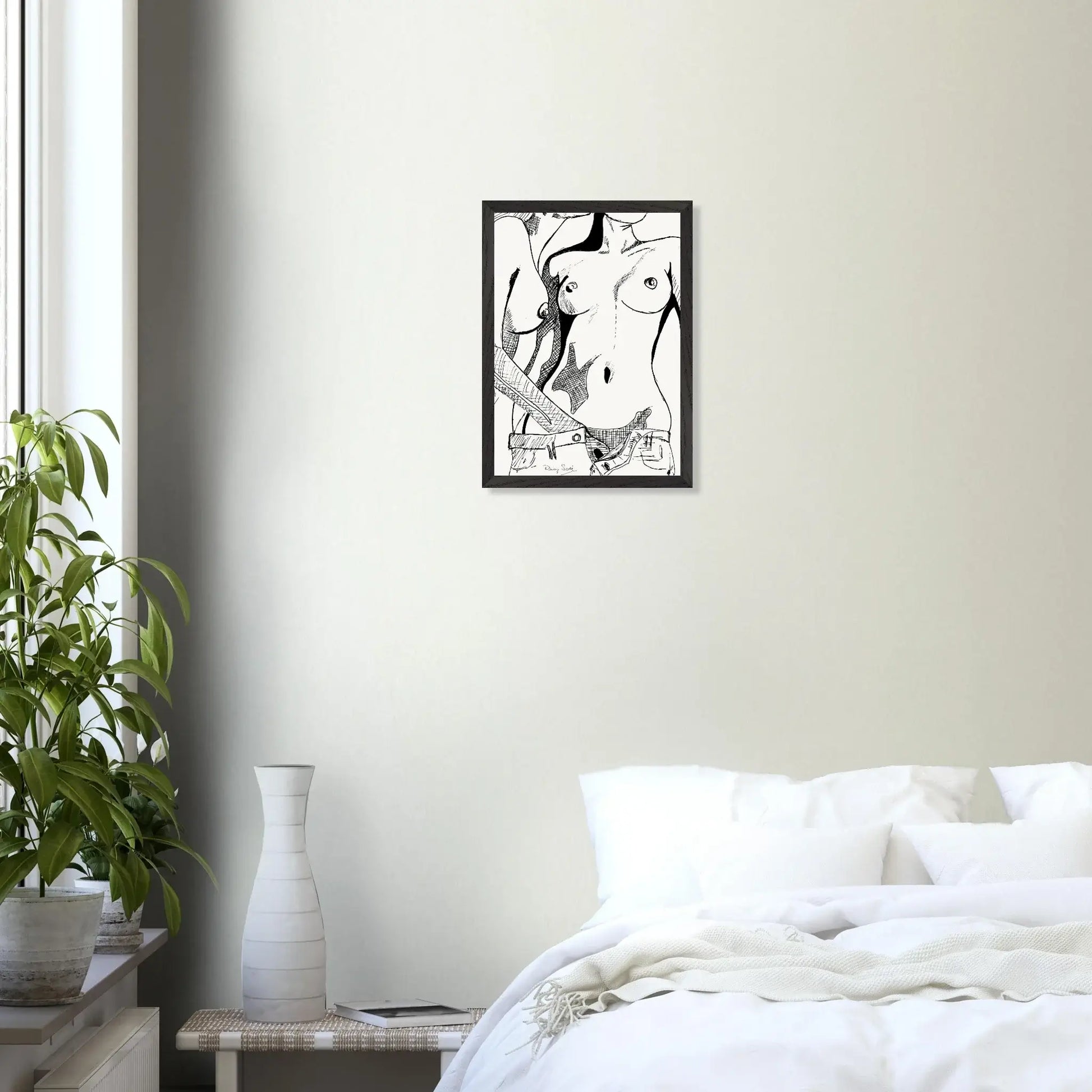 Black and white the slow slide sapphic art print depicting gentle sapphic desire expressed through minimalist line art, framed fine art wall display celebrating lesbian intimacy, lesbian romance book and lesbian love story inspired artwork, lesbian fiction art